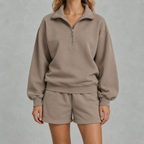 Women’s Quarter Zip Sweatshirt – Sporty Long Sleeve Top and Shorts Two-Piece Set