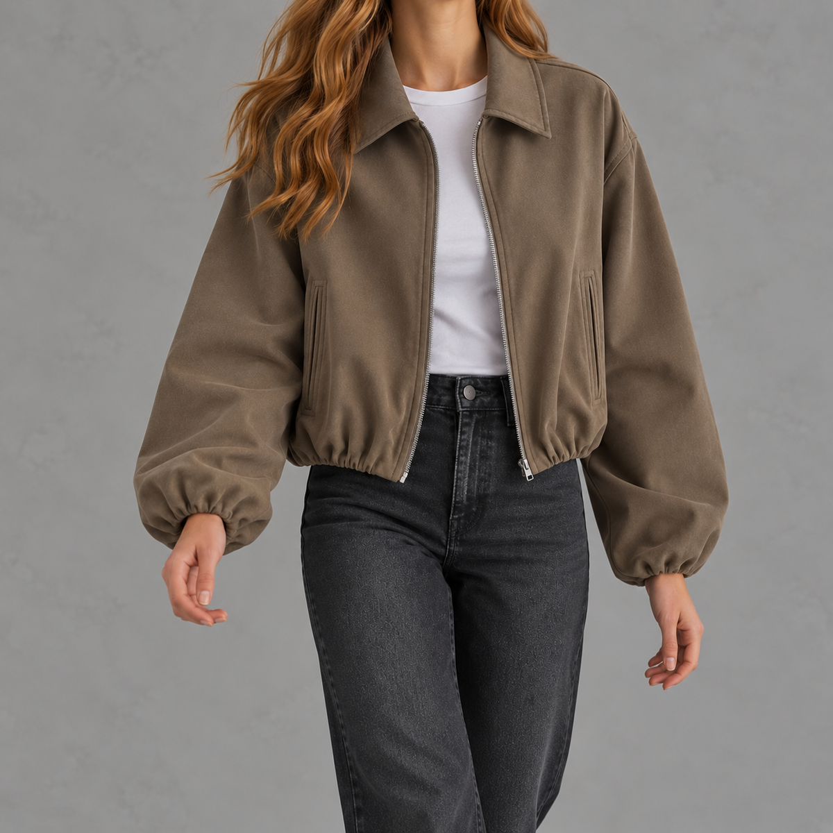 Women’s Bomber Jacket – Baseball Collar Zip Up Jacket with Ribbed Hem