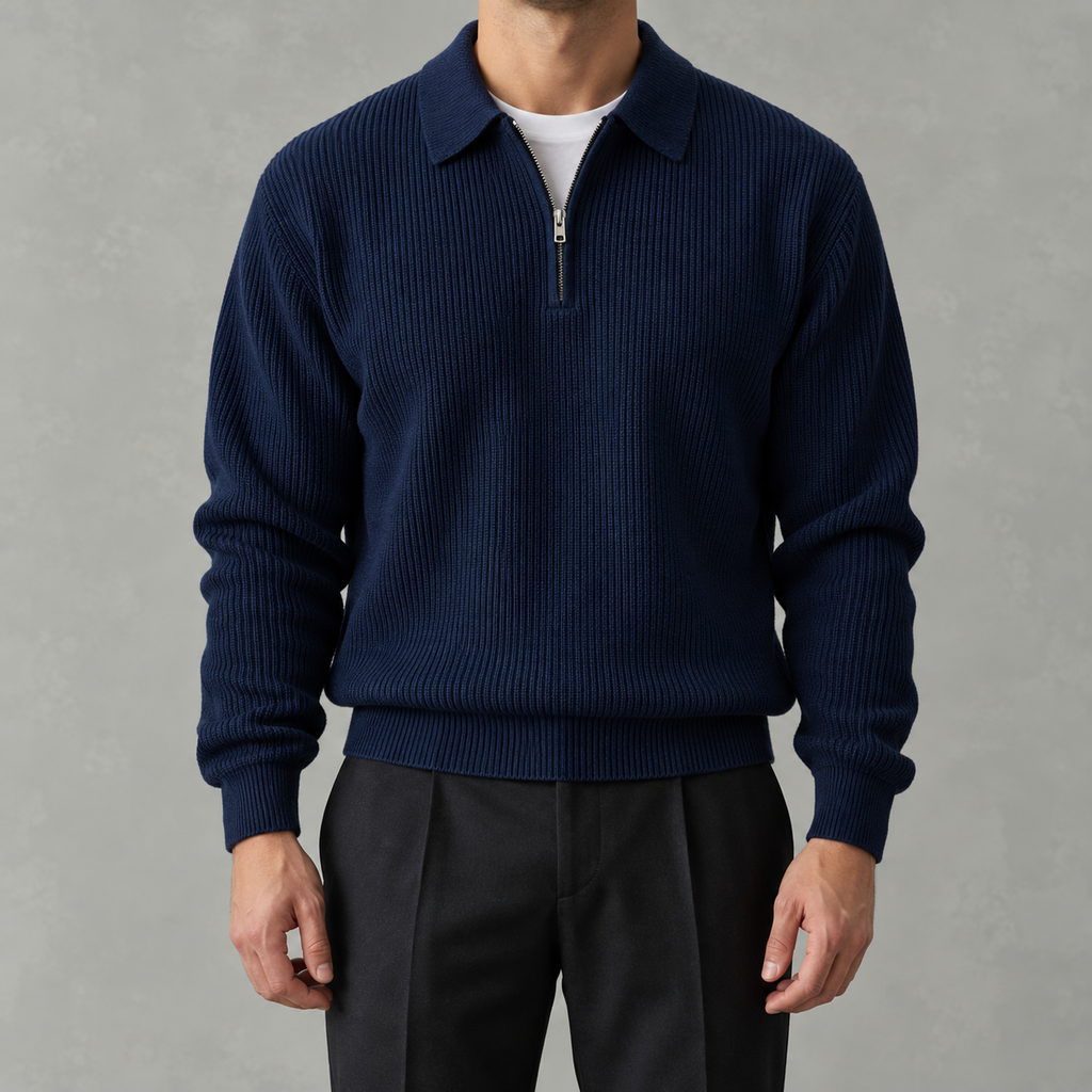 Men’s Knitted Polo Quarter Zip – Long Sleeve Zipped Polo Collar Autumn Jumper