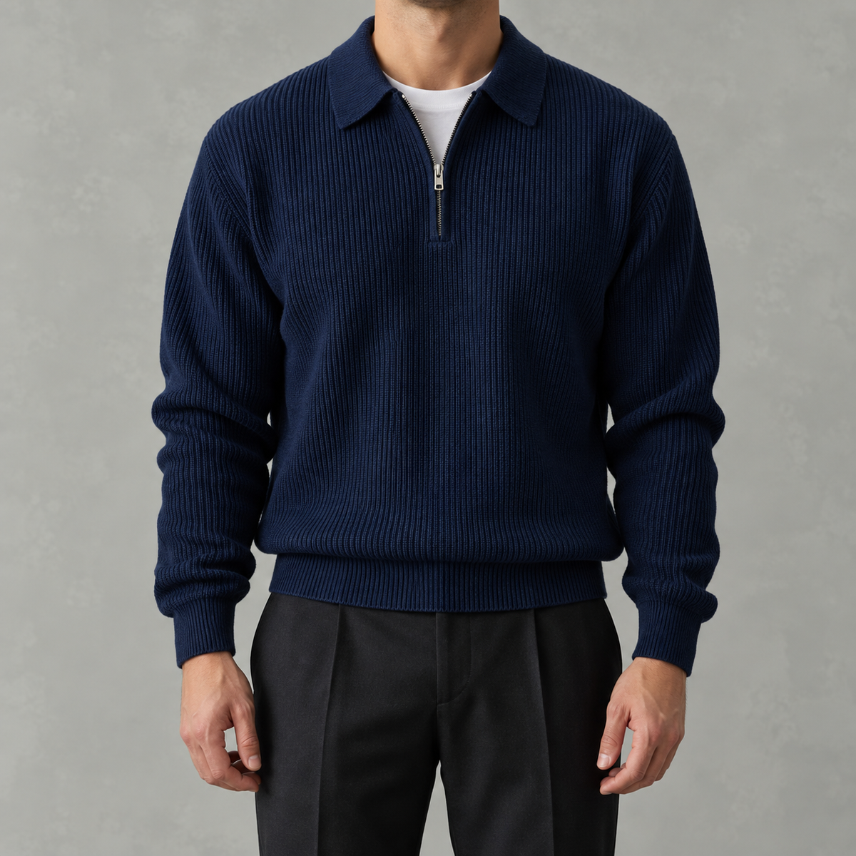 Men’s Knitted Polo Quarter Zip – Long Sleeve Zipped Polo Collar Autumn Jumper