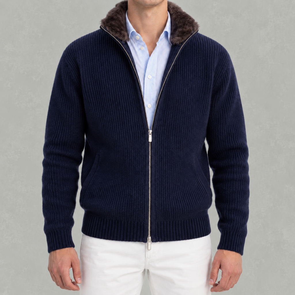Men’s Knitted Cardigan – Full Zip Ribbed Jumper with Fur Collar