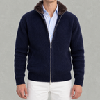 Men’s Knitted Cardigan – Full Zip Ribbed Jumper with Fur Collar