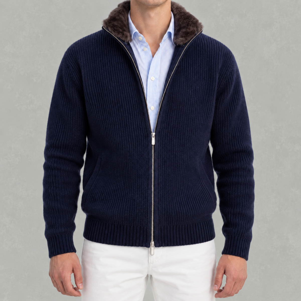 Men’s Knitted Cardigan – Full Zip Ribbed Jumper with Fur Collar