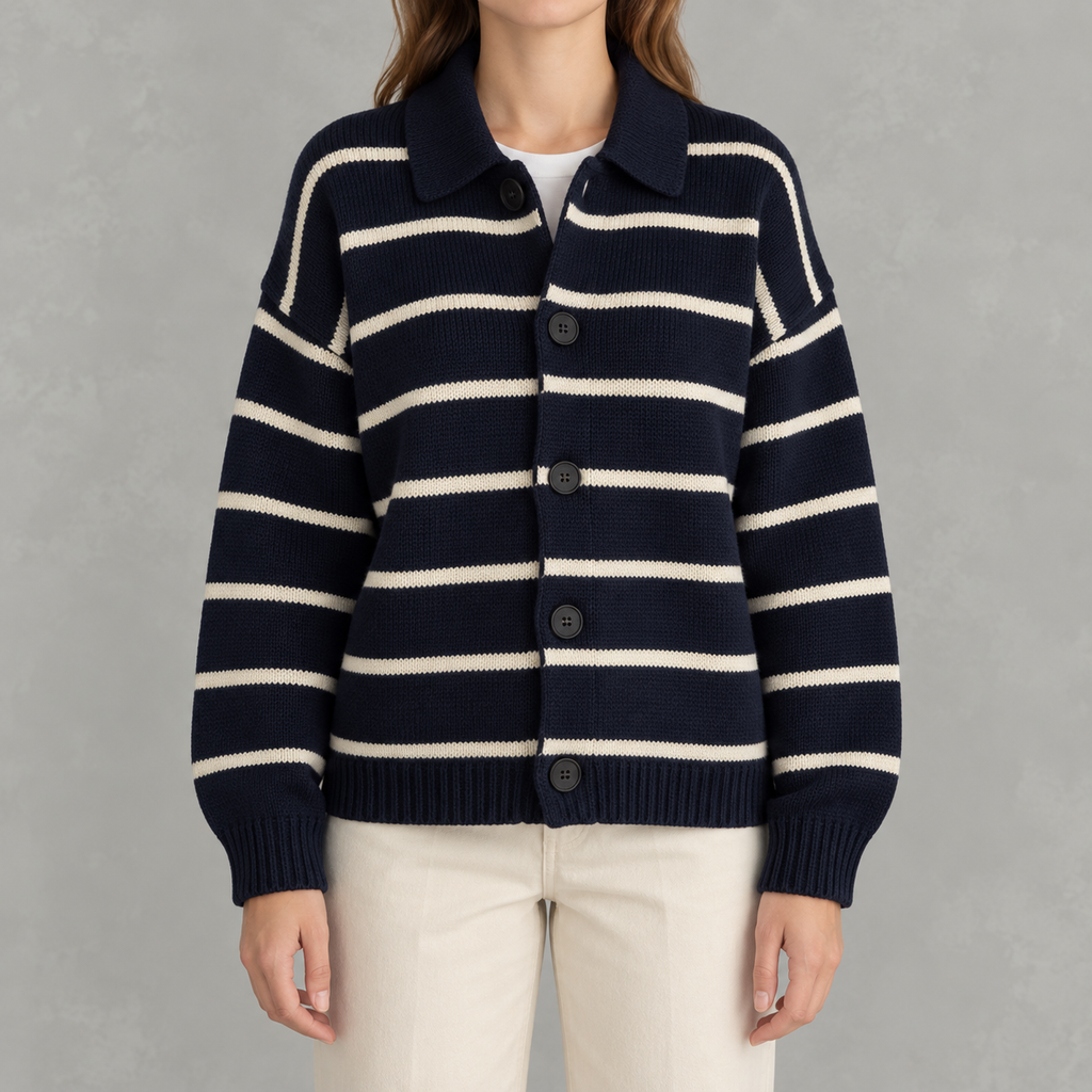 Women’s Striped Cardigan – Vintage Lapel Collar Knitted Jumper
