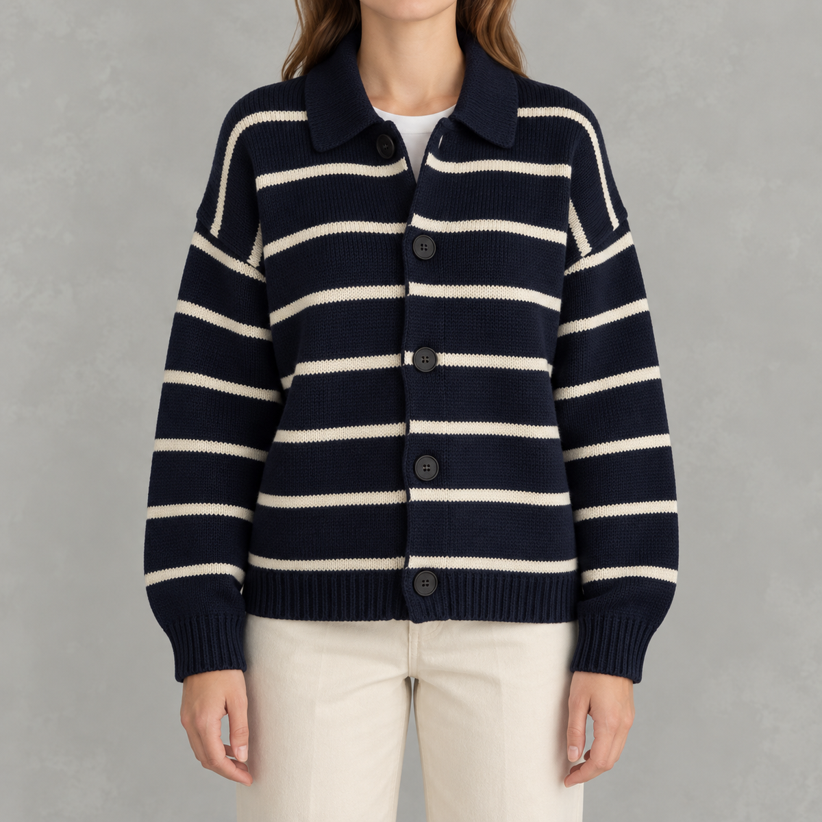 Women’s Striped Cardigan – Vintage Lapel Collar Knitted Jumper