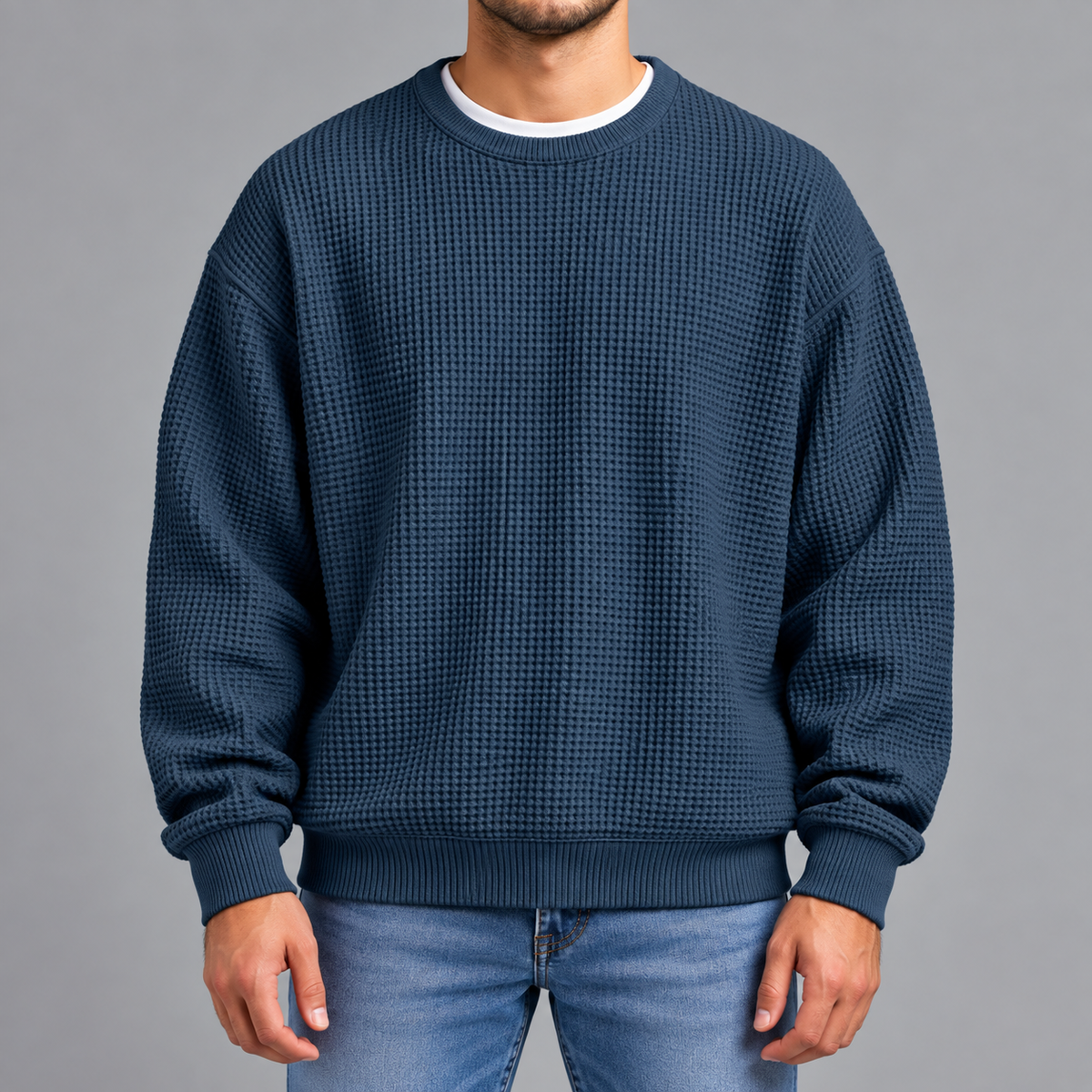Men’s Waffle Knit Jumper – Relaxed Fit Textured Long Sleeve Pullover