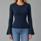 Women’s Ribbed Top – Brushed Crew Neck Long Sleeve Fitted Jumper