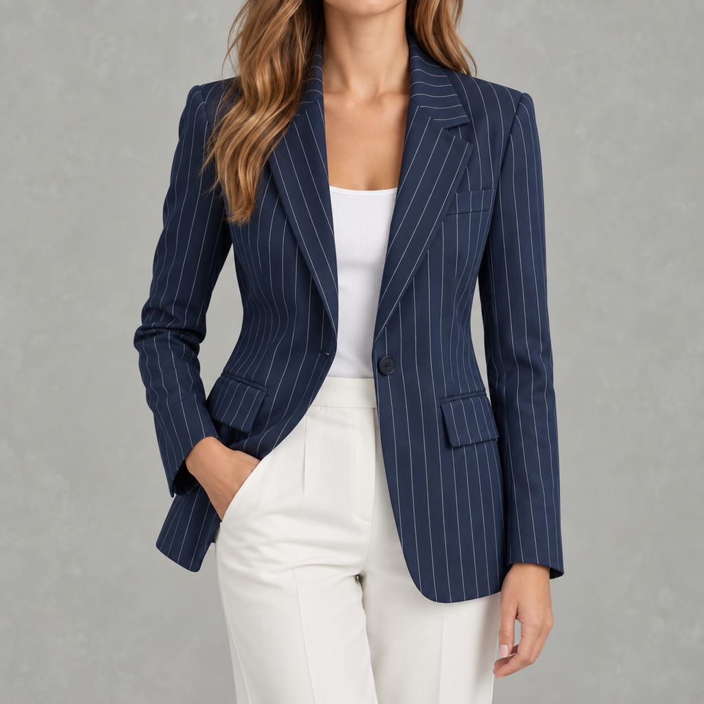 Women’s Blazer – Striped Waist-Cinching Petite Tailored Jacket