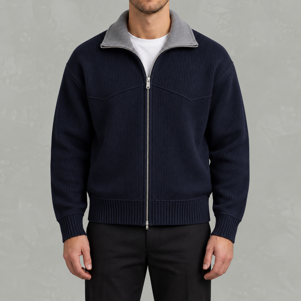 Men’s Knitted Cardigan – Full Zip Ribbed Jumper with Contrast Collar