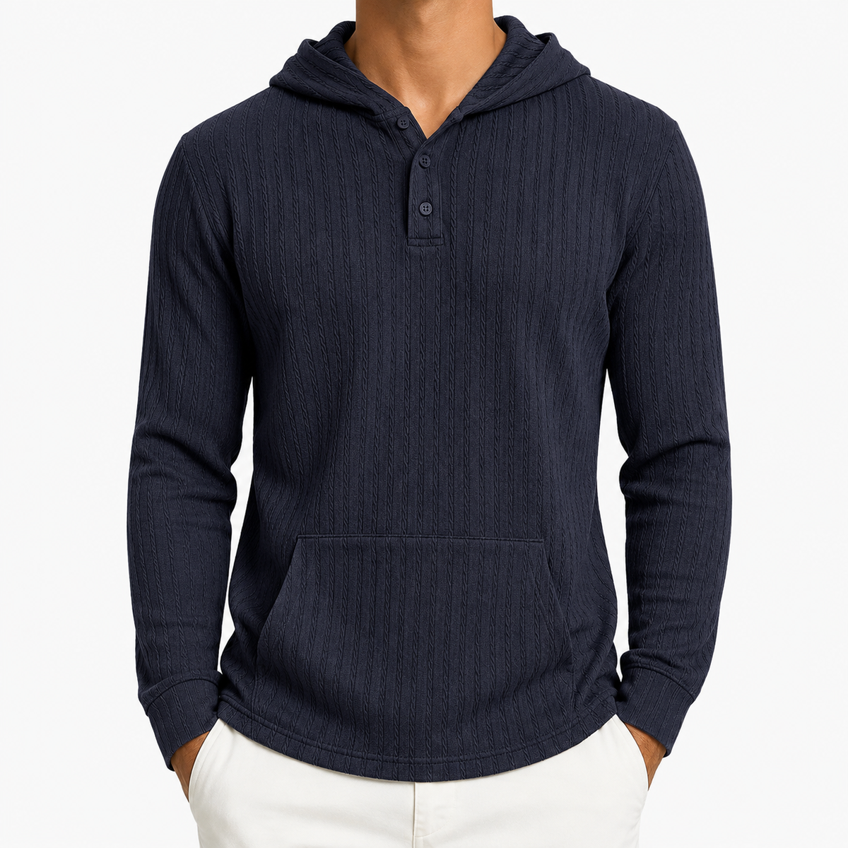 Men’s Textured Hoodie – Herringbone Jacquard Hooded Casual Jumper
