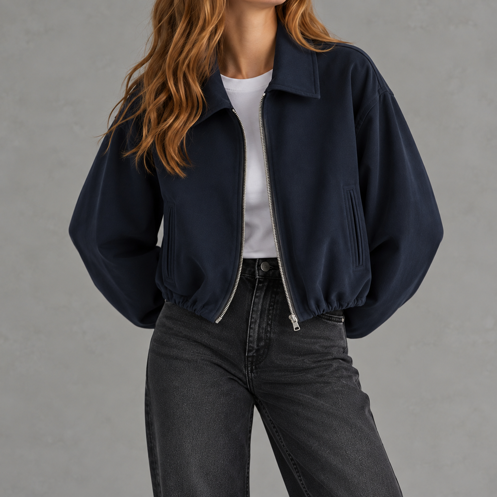 Women’s Bomber Jacket – Baseball Collar Zip Up Jacket with Ribbed Hem