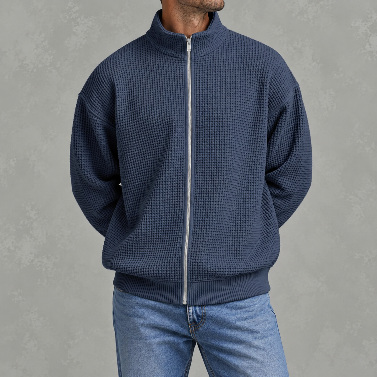 Men’s Waffle Knit Jacket – Stand Collar Full Zip Textured Casual Jacket