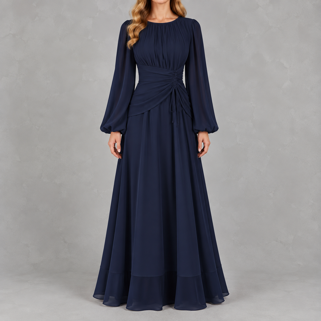 Women’s Waist-Cinching Dress – Long Sleeve Fitted Midi Dress