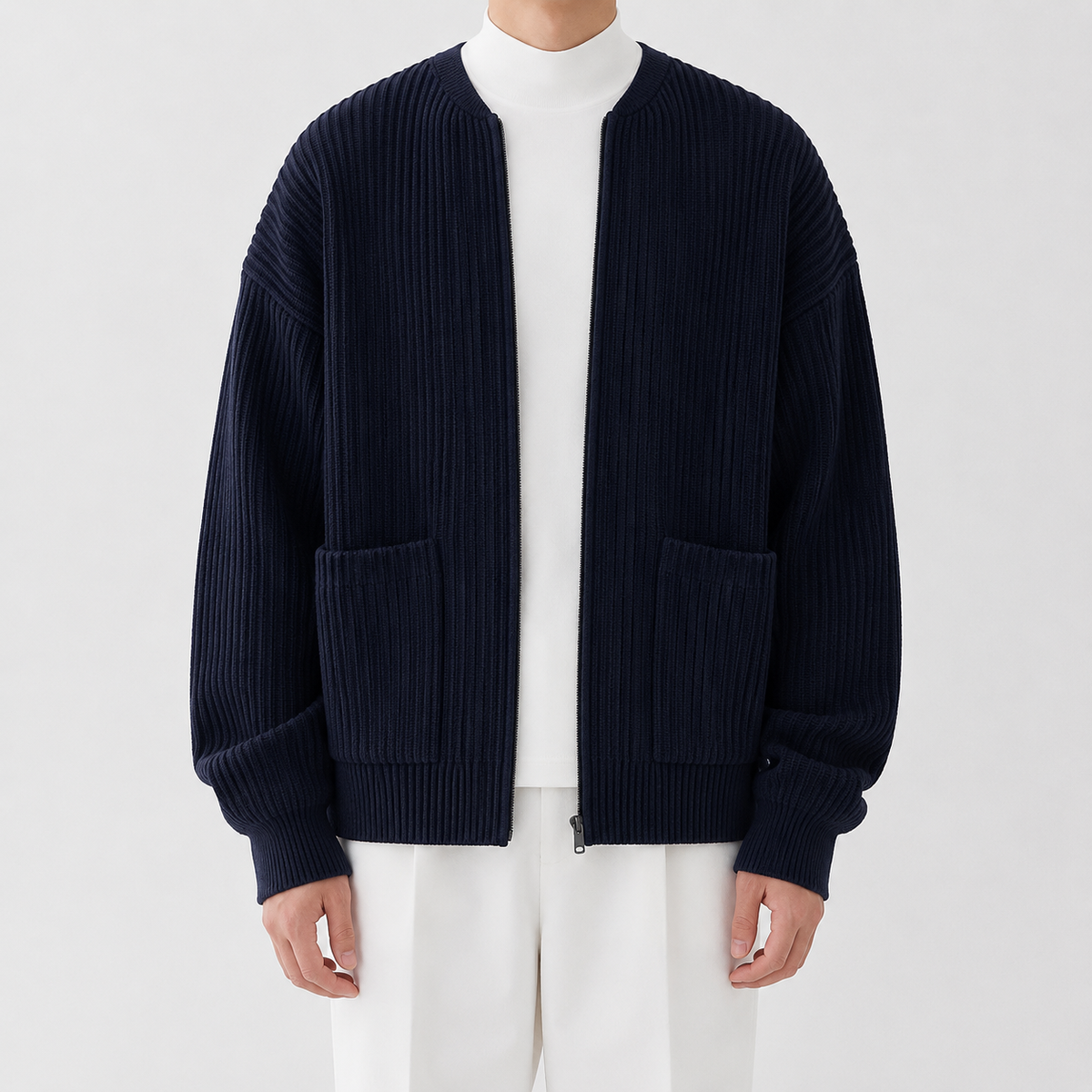 Men’s Knitted Cardigan – Funnel Neck Full Zip Jumper with Pockets