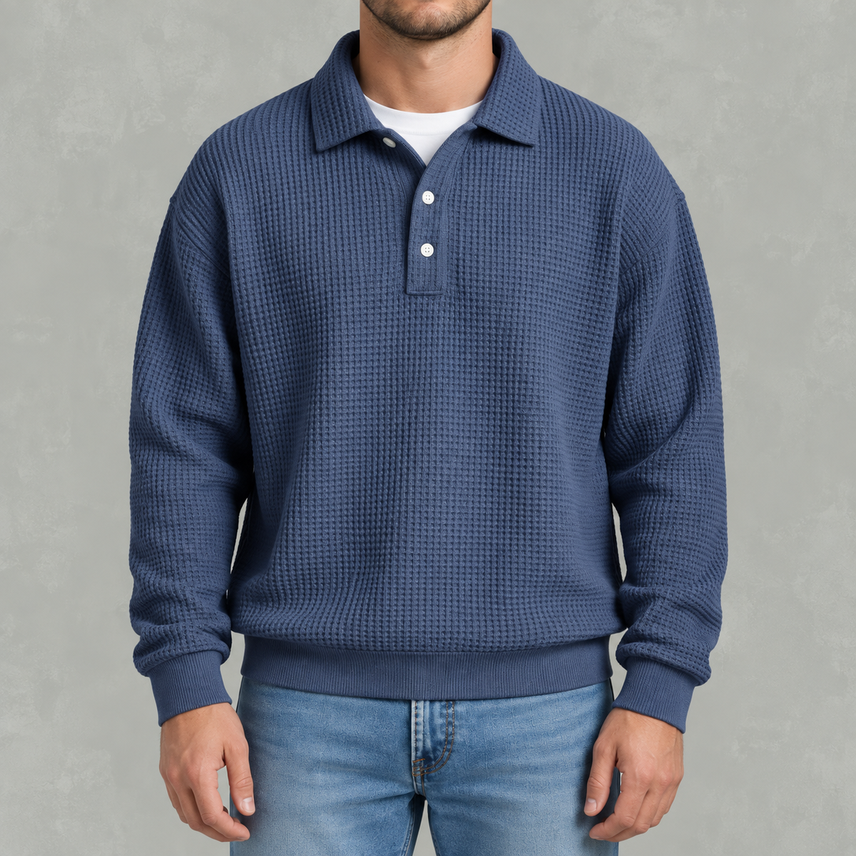 Men’s Long Sleeve Polo Shirt – Waffle Knit Retro Short Sleeve Textured Top
