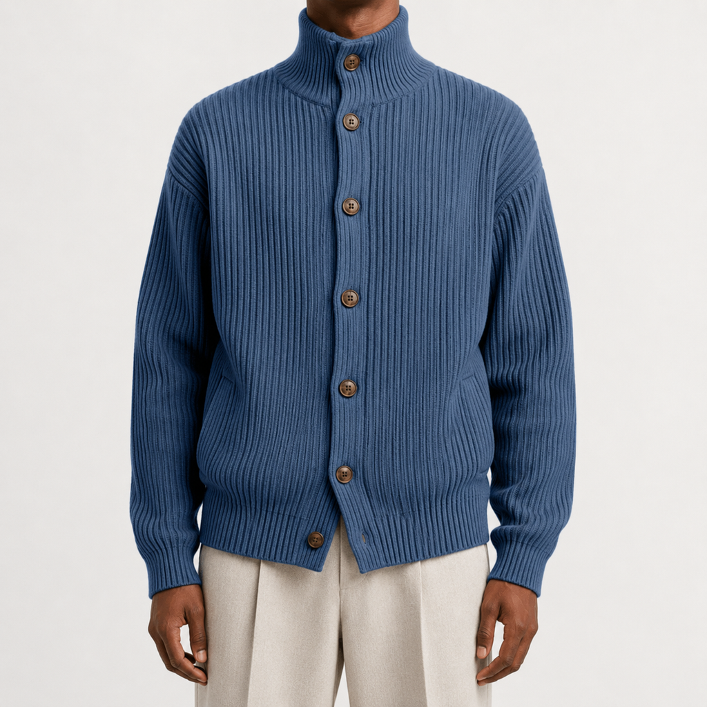Men’s Roll Neck Cardigan – Knitted High Neck Button Front Jumper