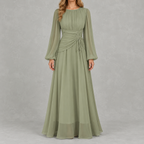 Women’s Waist-Cinching Dress – Long Sleeve Fitted Midi Dress