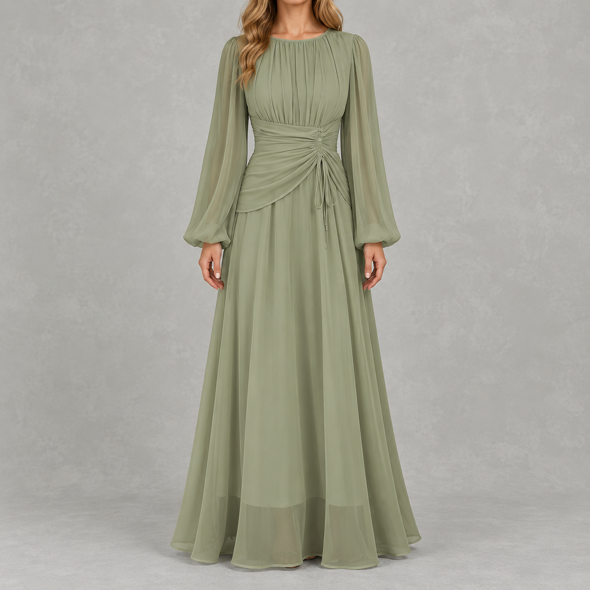 Women’s Waist-Cinching Dress – Long Sleeve Fitted Midi Dress