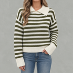 Women’s Striped Jumper – Loose Fit Knitted Polo Collar Long Sleeve Sweater