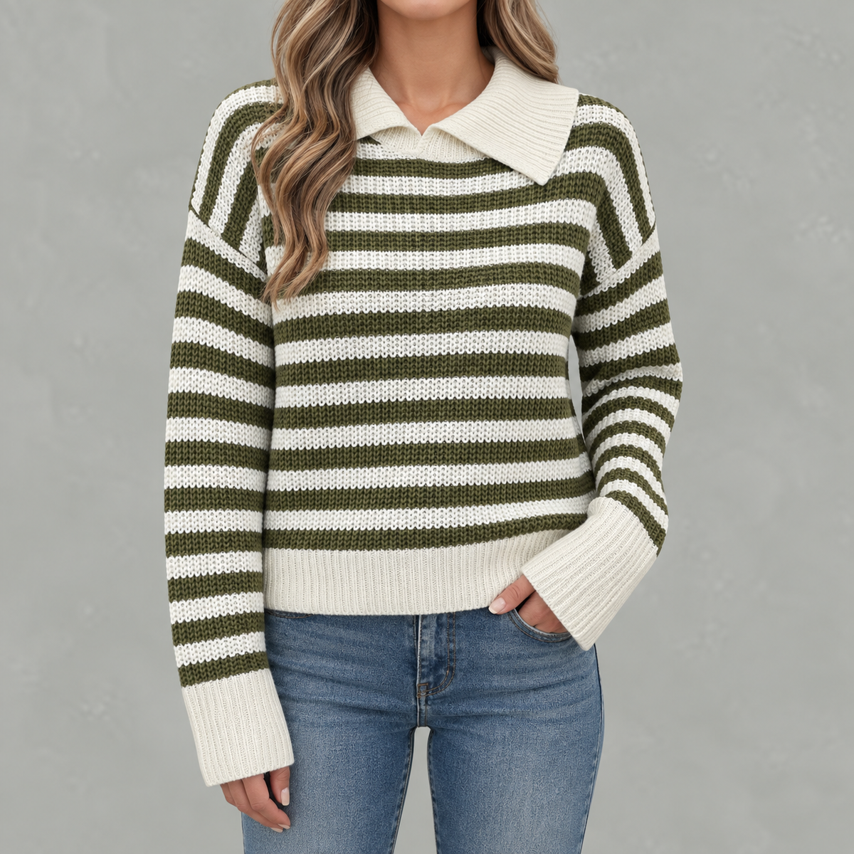 Women’s Striped Jumper – Loose Fit Knitted Polo Collar Long Sleeve Sweater