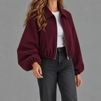 Women’s Bomber Jacket – Baseball Collar Zip Up Jacket with Ribbed Hem