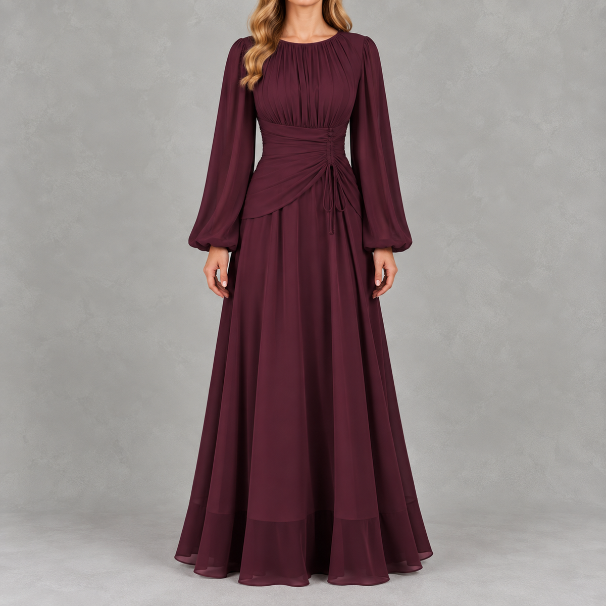 Women’s Waist-Cinching Dress – Long Sleeve Fitted Midi Dress