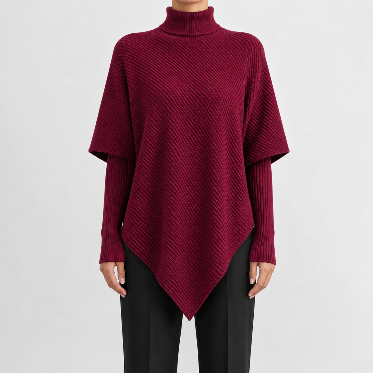 Women’s Asymmetric Jumper – Elegant Knitted Long Sleeve Pullover with Draped Hem
