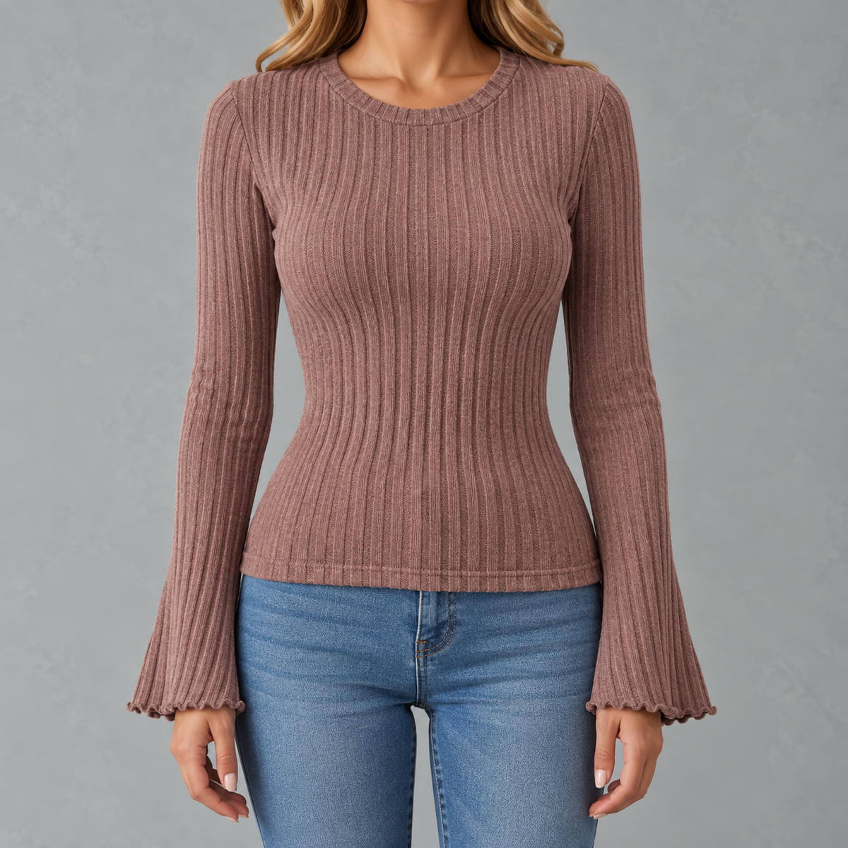 Women’s Ribbed Top – Brushed Crew Neck Long Sleeve Fitted Jumper