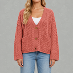 Women’s Cable Knit Cardigan – Loose Fit Chunky Button Front Jumper