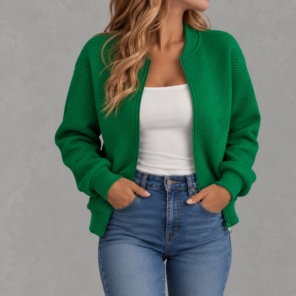 Women’s Baseball Jacket – Solid Colour Zip Up Jacket with Stand Collar