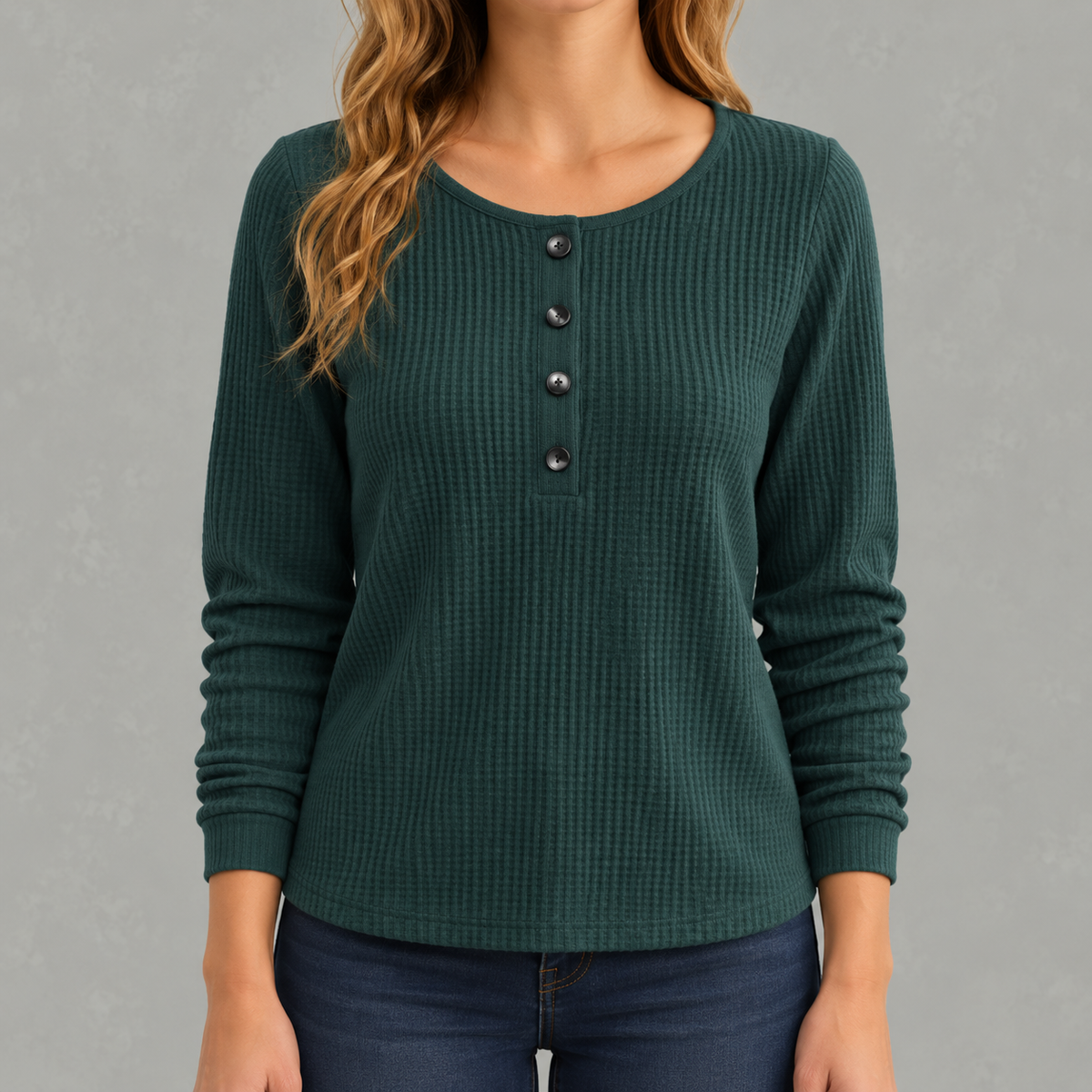 Women’s Waffle Knit Top – Relaxed Fit Crew Neck Long Sleeve Pullover