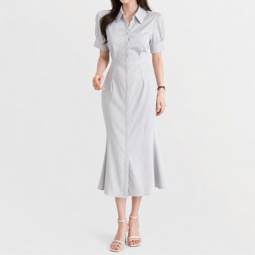Women’s Sheath Dress – Short Sleeve Lapel Midi Dress with Waist-Defining Fit