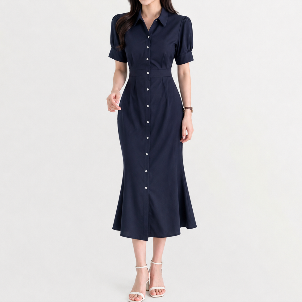 Women’s Sheath Dress – Short Sleeve Lapel Midi Dress with Waist-Defining Fit