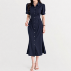 Women’s Sheath Dress – Short Sleeve Lapel Midi Dress with Waist-Defining Fit
