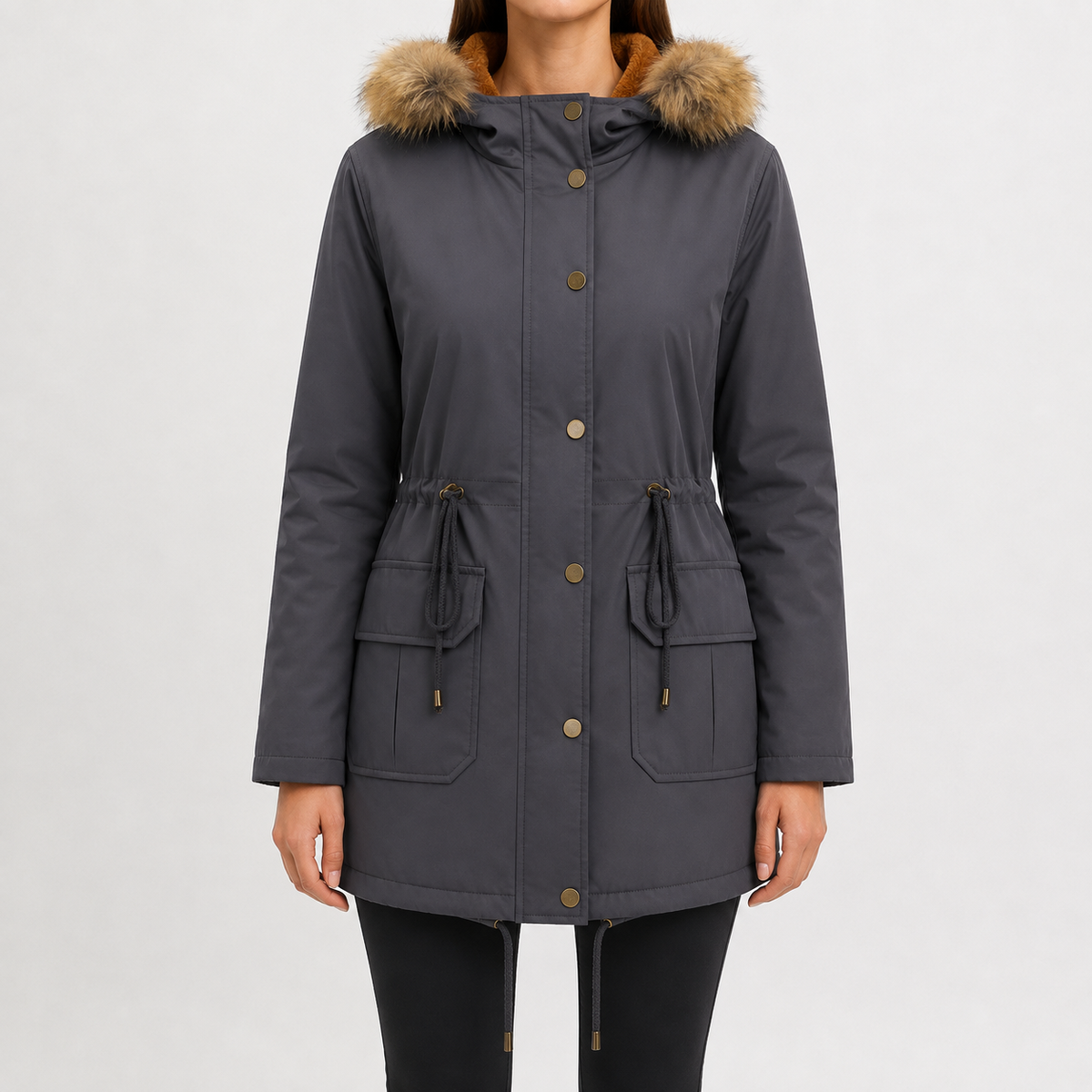 Women’s Padded Coat – Mid-Length Hooded Winter Coat with Faux Fur Trim and Defined Waist
