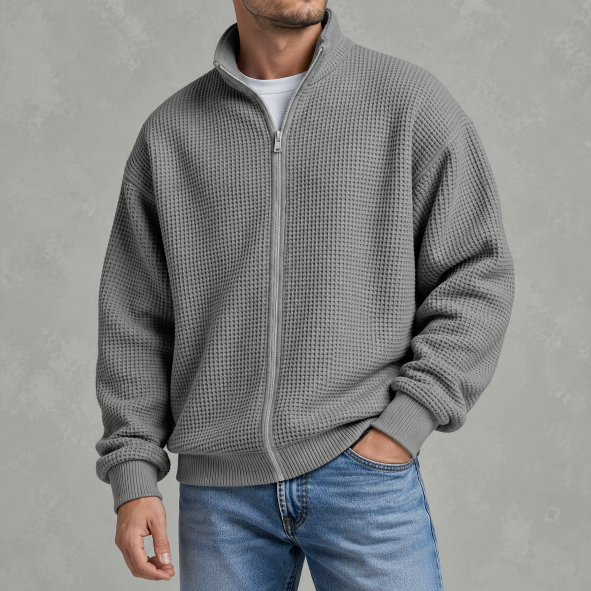 Men’s Waffle Knit Jacket – Stand Collar Full Zip Textured Casual Jacket