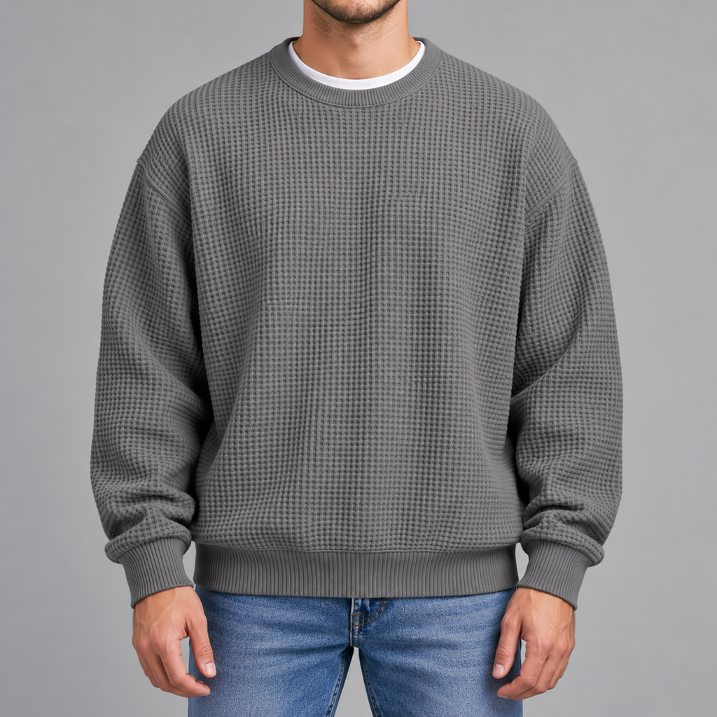 Men’s Waffle Knit Jumper – Relaxed Fit Textured Long Sleeve Pullover