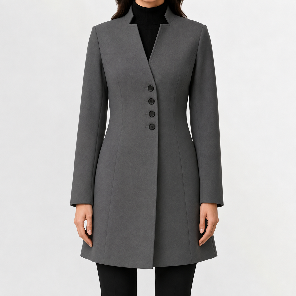 Women’s Trench Coat – Mid-Length Stand Collar Wool-Style Tailored Coat