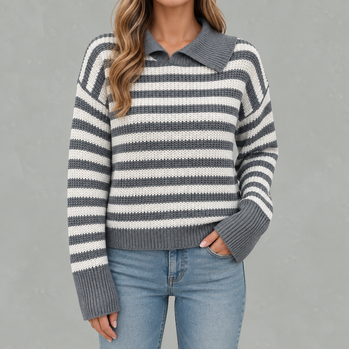 Women’s Striped Jumper – Loose Fit Knitted Polo Collar Long Sleeve Sweater