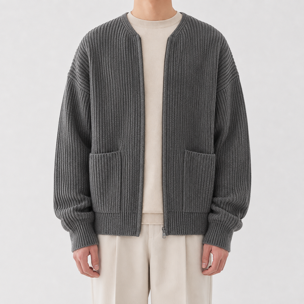 Men’s Knitted Cardigan – Funnel Neck Full Zip Jumper with Pockets