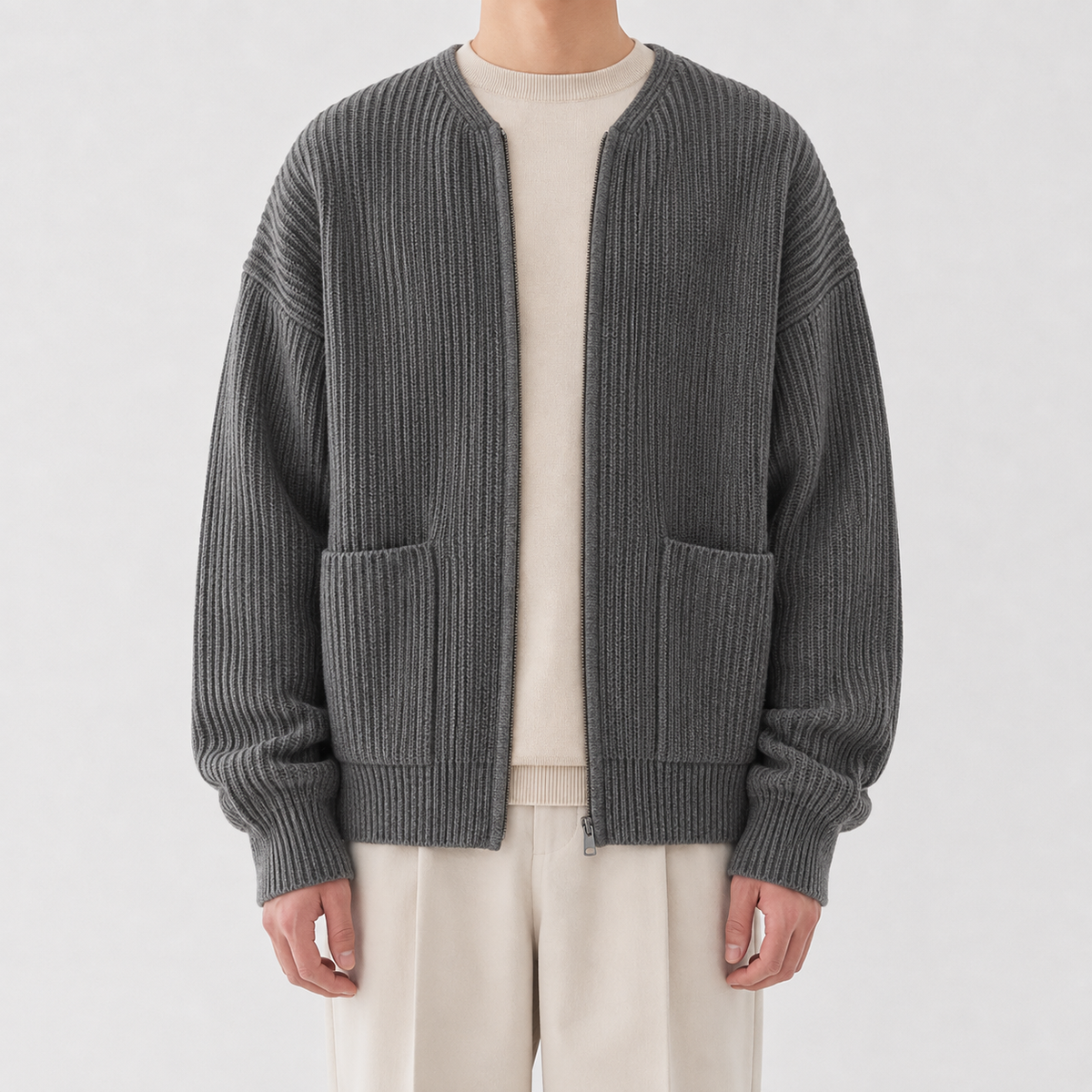 Men’s Knitted Cardigan – Funnel Neck Full Zip Jumper with Pockets