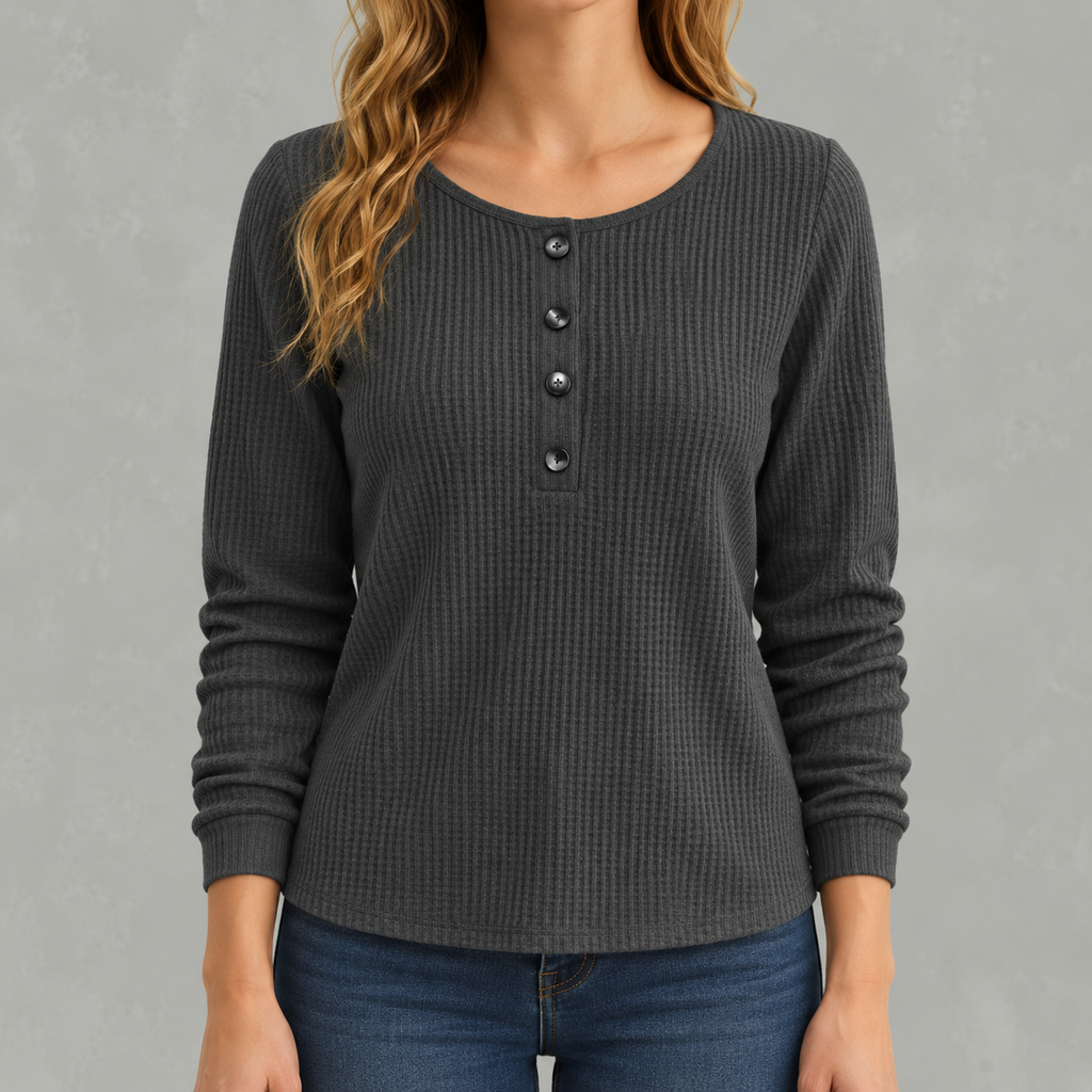 Women’s Waffle Knit Top – Relaxed Fit Crew Neck Long Sleeve Pullover
