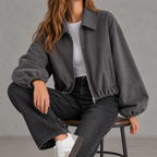 Women’s Bomber Jacket – Baseball Collar Zip Up Jacket with Ribbed Hem