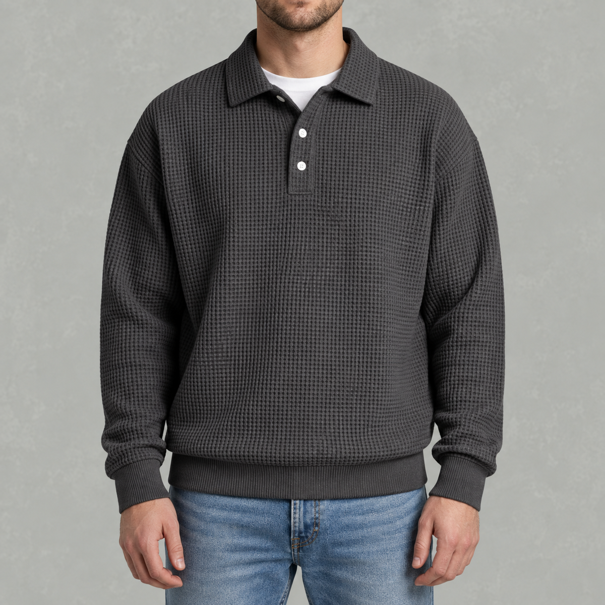 Men’s Long Sleeve Polo Shirt – Waffle Knit Retro Short Sleeve Textured Top
