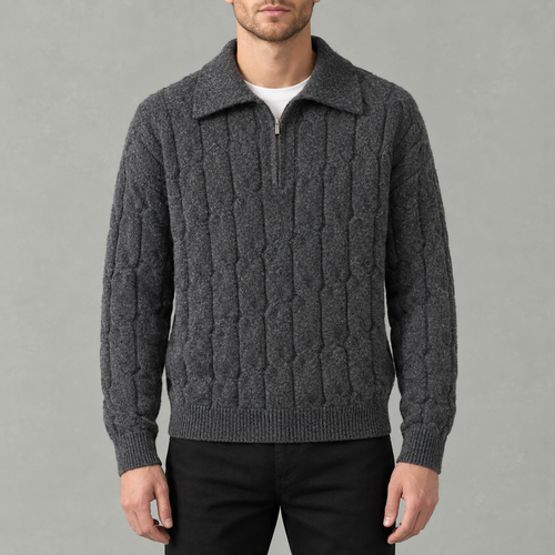 Men’s Cable Knit Jumper – Quarter Zip Loose Fit Ribbed Collared Jumper