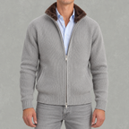 Men’s Knitted Cardigan – Full Zip Ribbed Jumper with Fur Collar