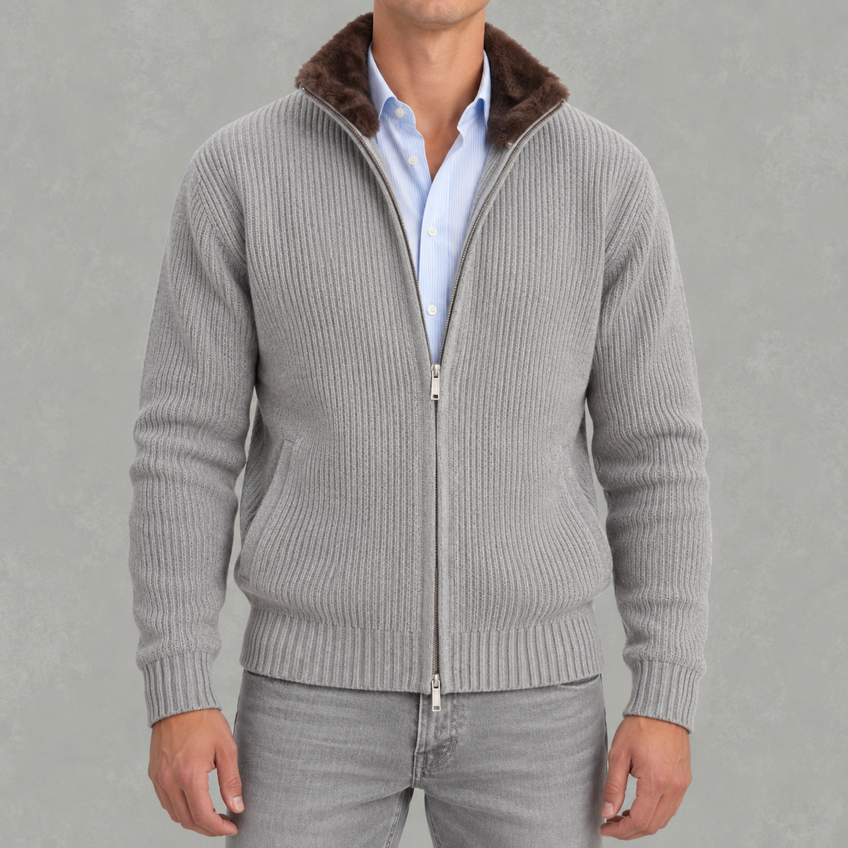 Men’s Knitted Cardigan – Full Zip Ribbed Jumper with Fur Collar