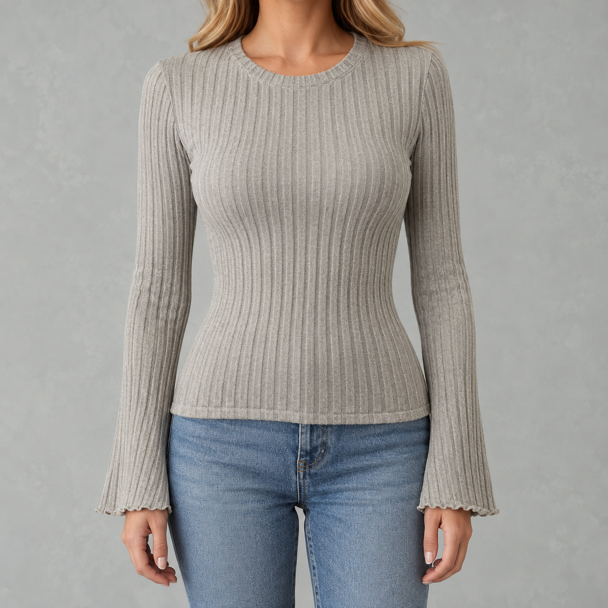 Women’s Ribbed Top – Brushed Crew Neck Long Sleeve Fitted Jumper
