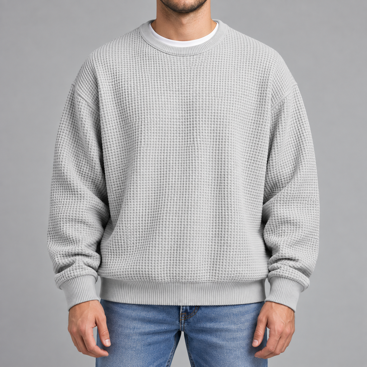 Men’s Waffle Knit Jumper – Relaxed Fit Textured Long Sleeve Pullover