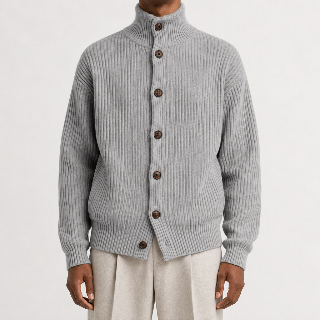 Men’s Roll Neck Cardigan – Knitted High Neck Button Front Jumper